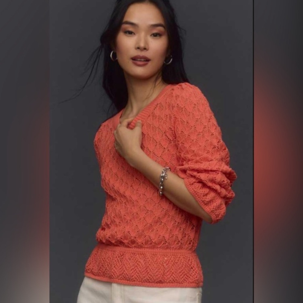Anthropologie Sweater Flounce-Hem Pointelle Pullover Ruffle Tangerine Large NWT